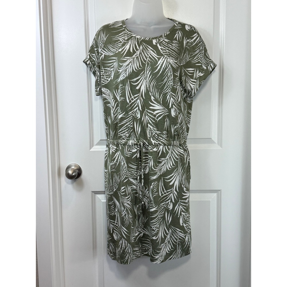 Hilary Radley Womens Green White Leaf Print Drawstring Waist T Shirt Dress Small